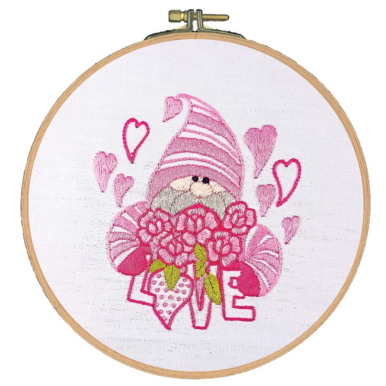 Craftways Pink Gnome Love Roses Hoop Stamped Embroidery Kit